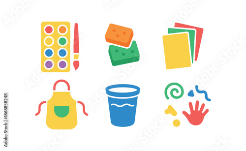 vector colorful flat filled icons paint set (children): washable paints sponges colorful paper apron water cup playful marks.