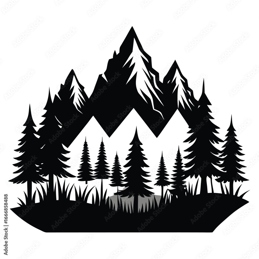 Obraz premium Black Silhouette of Jagged Mountains with Pine Trees and Grass Landscape Vector Art