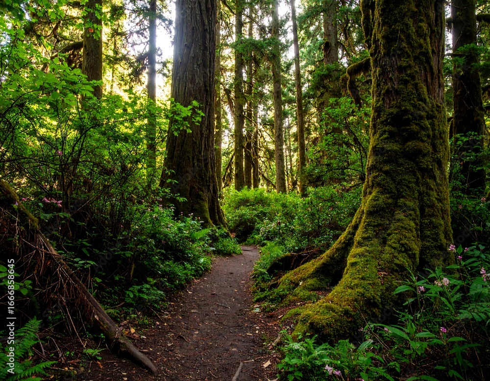 Fototapeta premium Lush forest path bathed in sunlight (2)