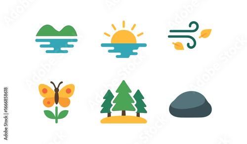 vector colorful flat filled icons poise (nature): still lake sunrise gentle breeze butterfly on flower forest clearing smooth rock.