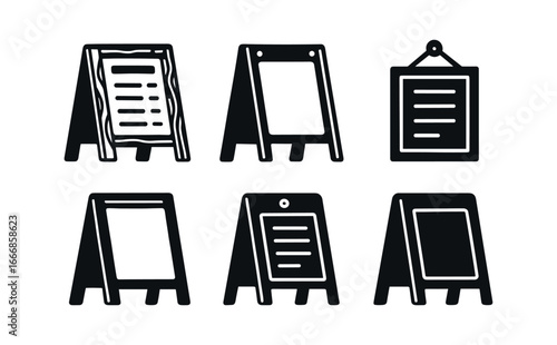 vector solid black filled icons restaurant menu board (wooden frame): frame grain hinge bracket menu sheet nail head shadow smear light rim.