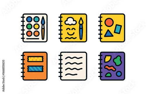 vector colorful flat filled icons pocket sketchbook (creative): watercolors doodles collage washi tape handwriting colorful designs.