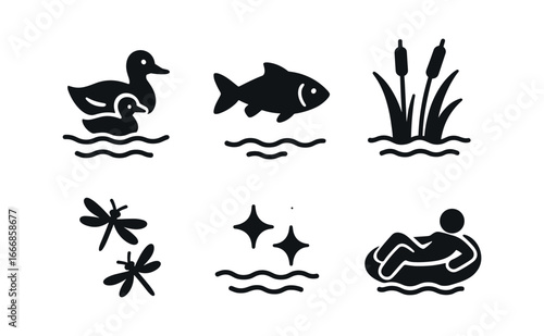 vector solid black filled icons river tubing (wildlife view): ducks fish reeds dragonflies water glint relaxed float.