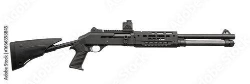 Φωτογραφία Sleek black tactical shotgun featuring a customizable stock and mounted red dot