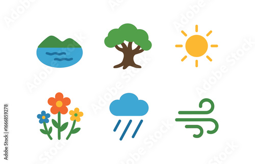 vector colorful flat filled icons soulfulness (nature): quiet lake old tree warm sunlight wildflowers gentle rain soft breeze.