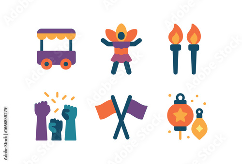 vector colorful flat filled icons dusk celebration (parade): floats costumes torches cheering flags glowing decorations.