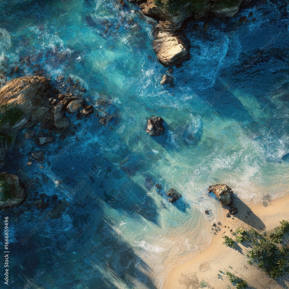 Obraz premium High-angle view of a turquoise coastal scene. Rocky outcrops and waves meet a sandy beach