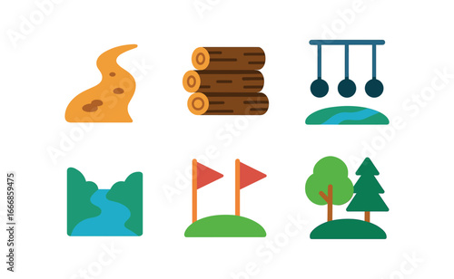 vector colorful flat filled icons obstacle running (forest): dirt trail log hurdles rope swings stream crossing flags trees.