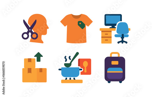 vector colorful flat filled icons self redefinition period (daily life): haircut new clothes desk change moving boxes cooking new recipe travel bag.