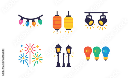 vector colorful flat filled icons glow (festive): lit garlands glowing paper lanterns stage lights fireworks lamp posts colorful bulbs.