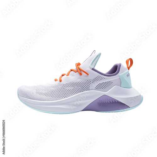  a futuristic and sporty white and purple running shoe with orange highlights for women, centered in the frame on the right side of the photo. the design with light blue accents, crea