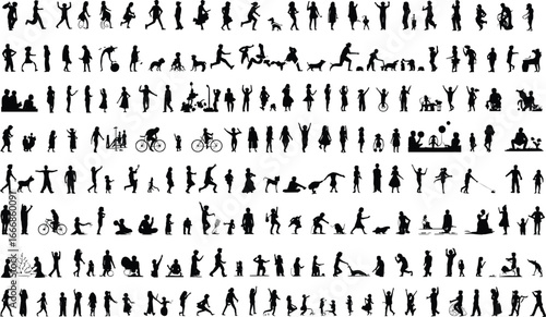Silhouette people vector collection, kids and adults activities, walking, playing, running, dancing, lifestyle design elements, black figures illustration