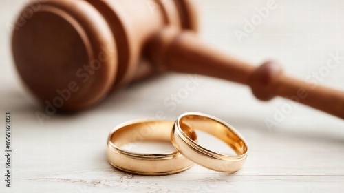 Wedding rings and gavel symbolizing marriage, divorce, and legal disputes.
