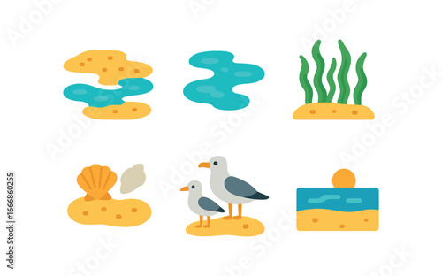 vector colorful flat filled icons tideland (low tide): exposed sand shallow pools seaweed shells gulls horizon.