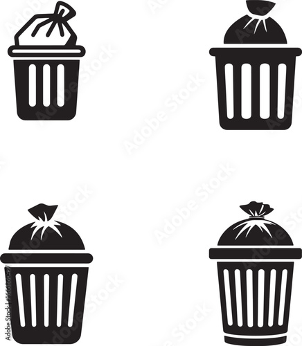 An icon of a garbage bin with a bag, in a simple vector style, with a black and white color palette on a white background. This is a professional logo design with high resolution.eps