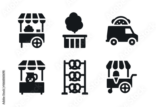 vector solid black filled icons local fair (food stalls): popcorn cart cotton candy stand taco truck lemonade booth pretzel rack ice cream cart.