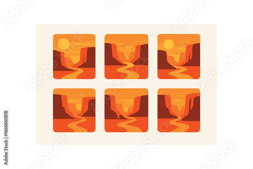 vector colorful flat filled icons rift valley (sunset): orange sky long shadows cliffs glowing winding river still air warm tones.