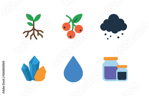 vector colorful flat filled icons ink maker (materials): plant roots berries soot minerals water glass jars.