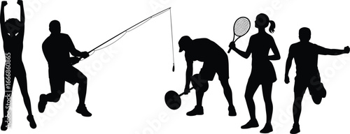 Silhouettes of people playing sports, fishing, exercising, lifting weights, tennis action, fitness activities, isolated vector design, black silhouette illustration