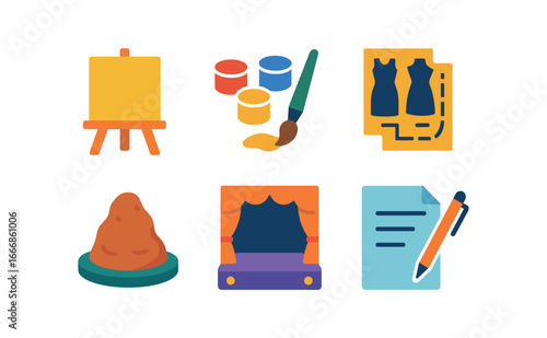 vector colorful flat filled icons phase of reinvention (creative): blank canvas fresh paints sewing patterns clay mound empty stage pen and paper.
