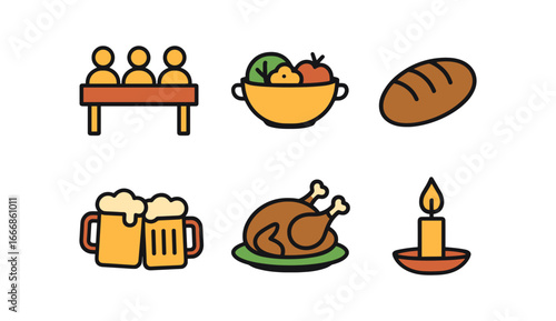 vector colorful flat filled icons local customs event (feast): long tables shared dishes bread mugs roasted meats candlelight.