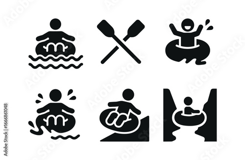 vector solid black filled icons river tubing (rapid run): whitewater paddles excited faces spray steep banks bright tubes.