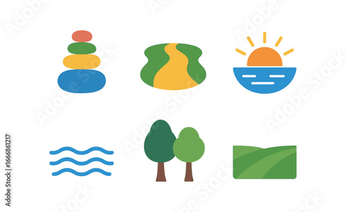 vector colorful flat filled icons fairness (nature): balanced stones even path sunrise calm water two trees open field.