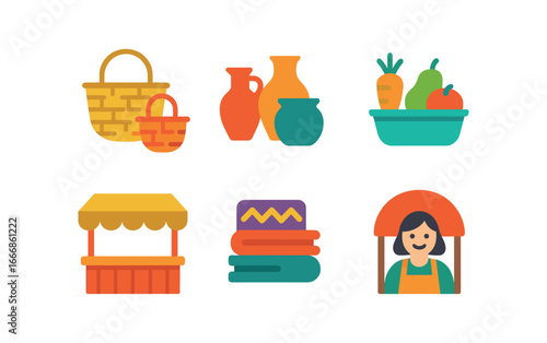 vector colorful flat filled icons local customs event (market): woven baskets pottery fresh produce wooden stalls textiles smiling vendors.