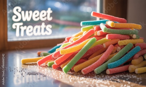 Colorful, sugary treats piled high on a table, by a window