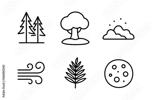 vector outline icons glade (summer shade): tall trees cool shadows mossy ground gentle breeze ferns dappled light.