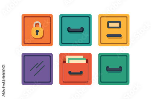 vector colorful flat filled icons filing cabinet (close up): lock handle label scratches paper edges metal texture.