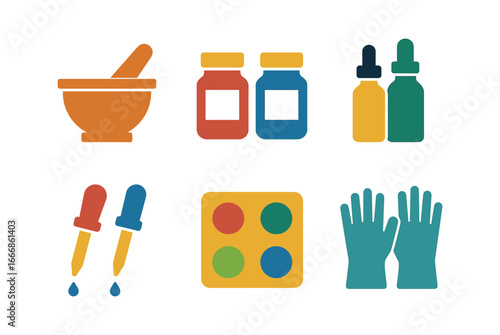 vector colorful flat filled icons ink maker (tools): pestle and mortar pigment jars bottles droppers trays gloves.