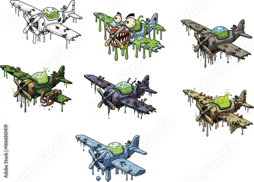 Zombie Alien Slime Planes Vector Illustration Featuring Creepy Aircraft Designs with Mutants, Gooey Creatures, and Cartoon Horror Elements