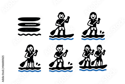 vector solid black filled icons paddleboarding (group trip): several boards laughing paddlers blue water bright clothes open sky splashes.