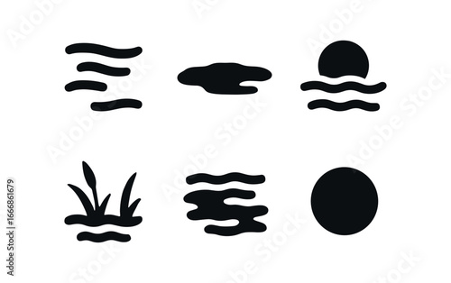 vector solid black filled icons peat bog (misty morning): low fog wet ground dark water scattered plants pale light silence.