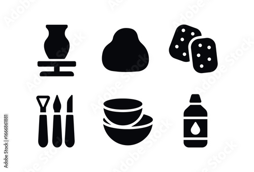 vector solid black filled icons craft training (ceramics): pottery wheel clay sponges carving tools bowls glazes.