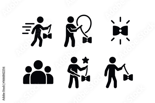 vector solid black filled icons diabolo tricks (whip catch): fast motion string loop bright diabolo audience skill open space.