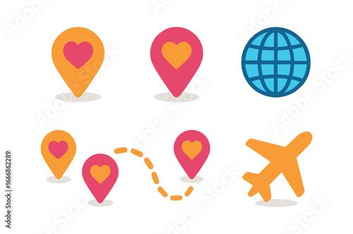 vector colorful filled icons love at distance (map markers): map pin heart icon dashed route globe outline plane silhouette shadow smear.