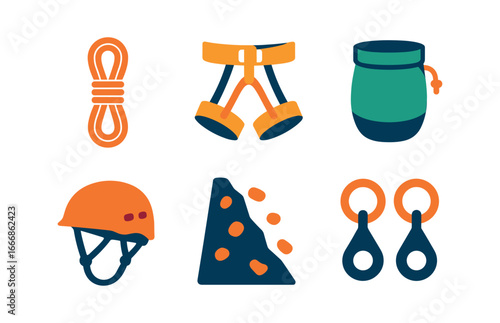vector colorful filled icons crag (climbing route): rope harness chalk bag helmet steep face anchor points.