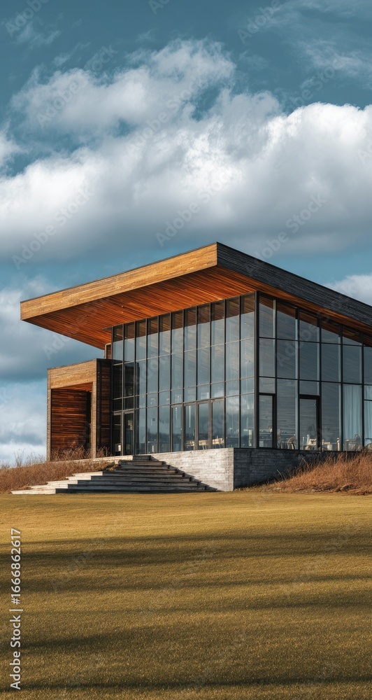 Obraz premium Modern glass and wood building on a grassy field under a cloudy sky