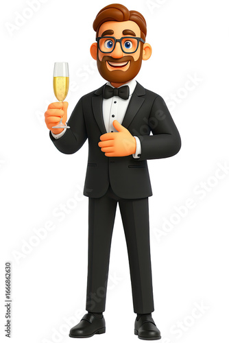 3D realistic cartoon man in tuxedo holding champagne glass and celebrating, isolated on transparent background.