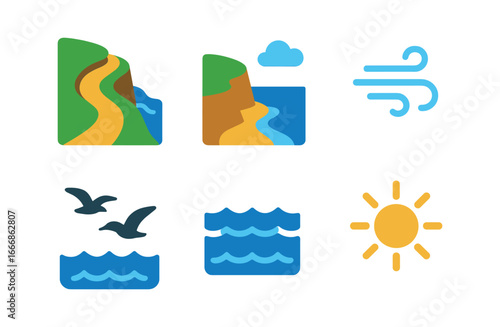 vector colorful flat filled icons hill path (coastal): cliffside trail ocean view breeze gulls blue water warm sun.