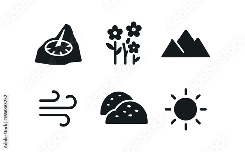 vector solid black filled icons sundial (mountain): carved stone wildflowers distant peaks fresh air moss bright sun.