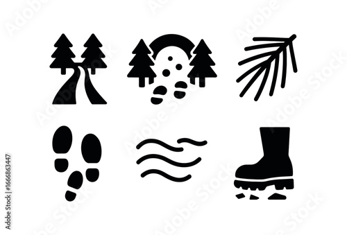 vector solid black filled icons snowbound forest (pathway): narrow trail footprints snowy archway pine needles wind crunching steps.