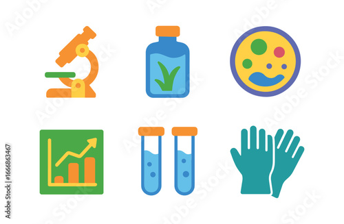 vector colorful flat filled icons river ecologist (lab): microscopes water samples petri dishes charts test tubes gloves.