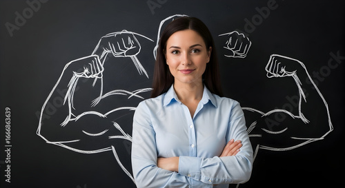 Confident professional businesswoman with strong drawn arms behind her on blackboard