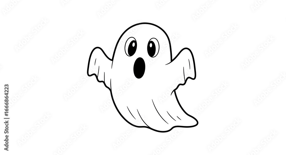 Fototapeta premium Happy Cartoon Ghost Celebrating — White Cheerful Ghost Character with Open Arms on White Background, 3D Rendered Playful Halloween Mascot