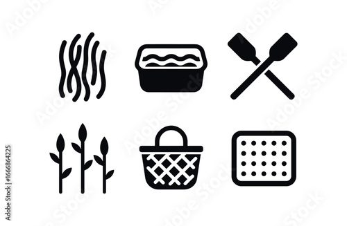 vector solid black filled icons papermaker ( materials): fibers water tubs wooden paddles plant stems baskets sieves.