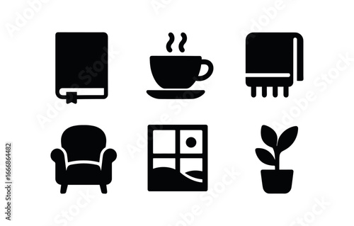 vector solid black filled icons season of reflection (home): journal tea cup blanket soft chair window view plant.