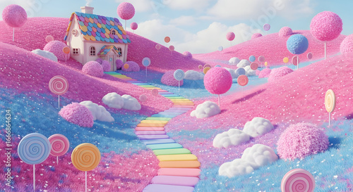 Whimsical landscape with candy house lollipop trees rainbow path dreamy scene